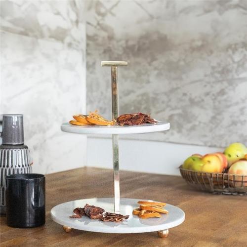 Mermer 25 Cm Beyaz Altın Boncuk Ayaklı İki Katlı Sunum Tabağı