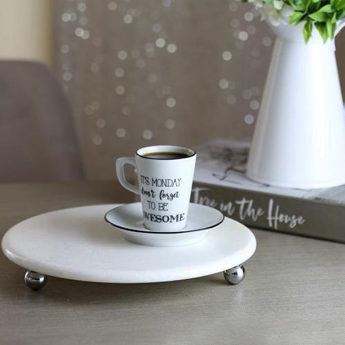 Mermer Beyaz 19 cm Gümüş Boncuk Ayaklı Kahve Sunumluk - Yağ ve Takı Standı