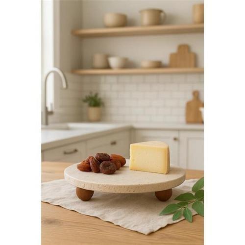 Traverten 19 Cm Ahşap Boncuk Ayaklı Sunumluk