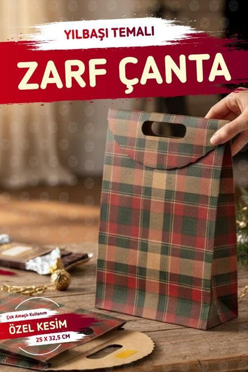 Yılbaşı Ekose Baskılı Zarf Model Karton Çanta 25 X 32,5X 4,5Cm 1 Adet ,yılbaşı Hediye Kutusu-T1538