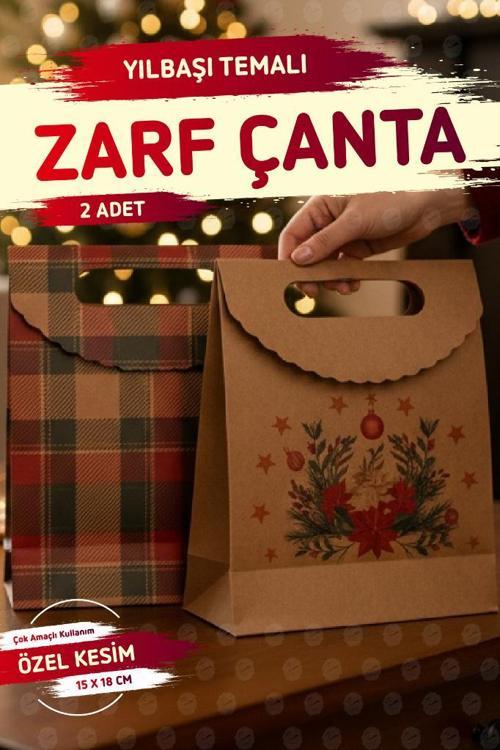 Yılbaşı Ekose+Kokina Baskılı Zarf Model Karton Çanta 15X18X6Cm 2 Adet ,yılbaşı Hediye Kutusu-T1539