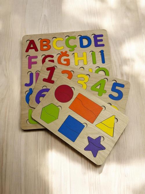 Gökkuşağı Puzzle Seti, Ahşap Bul-Tak Yapboz Set, Renkli Eğitici Bulmaca, Harf/Rakam/Şekil Öğrenimi