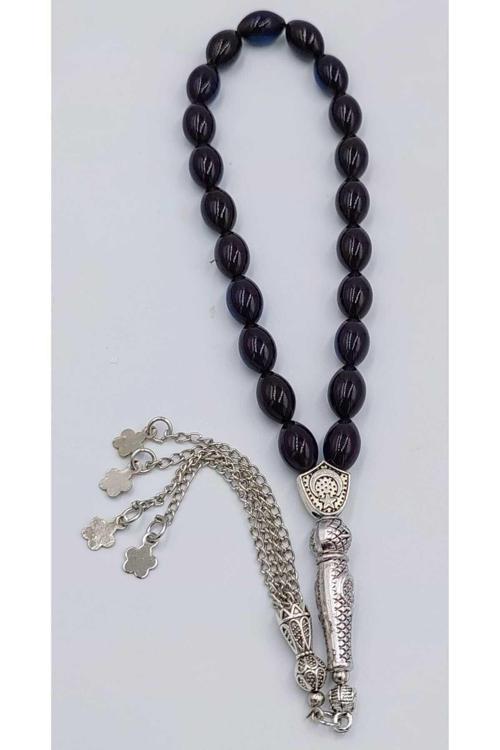 Bilek Boy Siyah Mavi Alpaka Püskül  Ateş Kehribar Tespih (AHŞAP KUTULU)