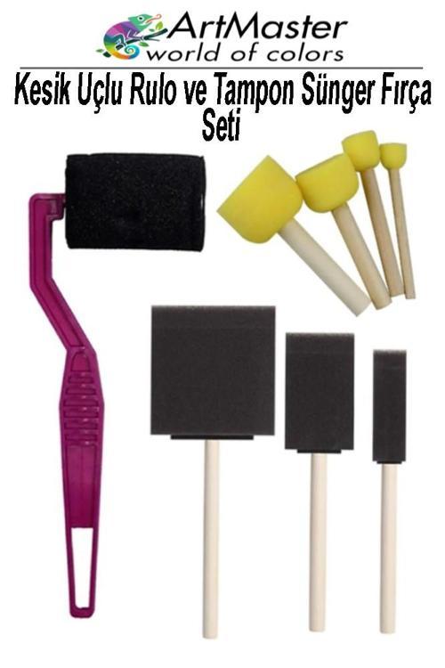 Kesik Uçlu Rulo ve Tampon Sünger Fırça Seti 8 Parça 1 Paket Ponpon Yağlı Boya Guaj Boya Akrilik Boya Sulu Boya Sanat