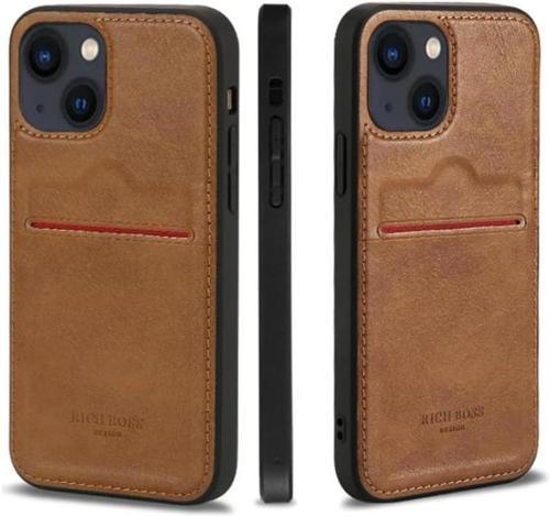 Apple iPhone 14 Plus için Deri Telefon Kılıfı, Kartlıklı Koruyucu Kapak, Kahverengi