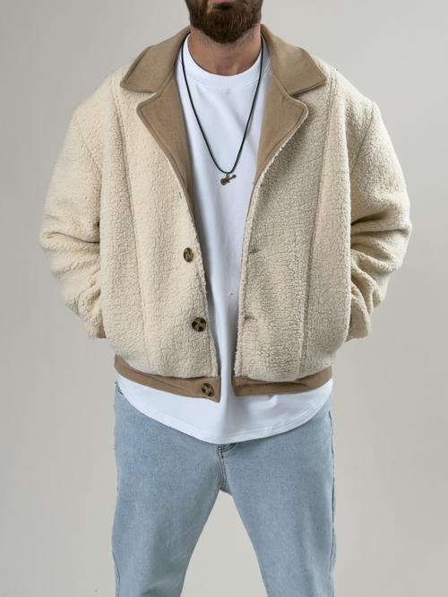 Erkek Kaşe Detaylı Ekru Peluş Hırka COC2585