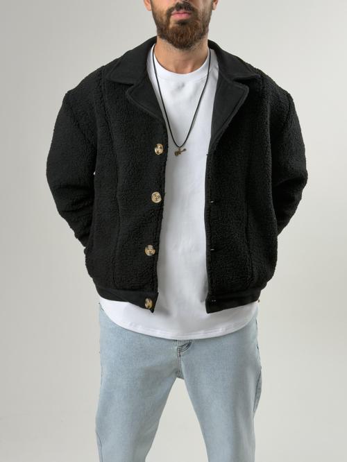 Erkek Kaşe Detaylı Siyah Peluş Hırka COC2586