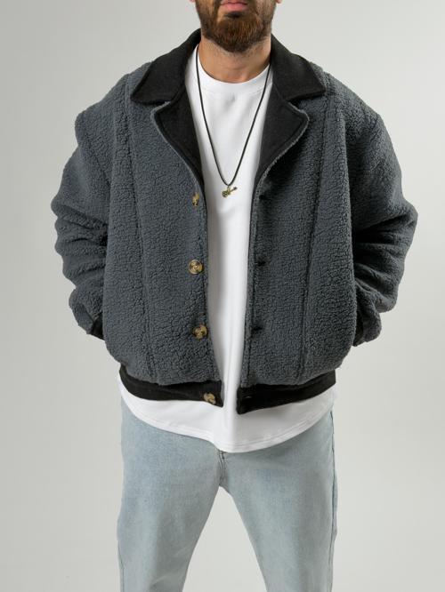 Erkek Kaşe Detaylı İndigo Peluş Hırka COC2577