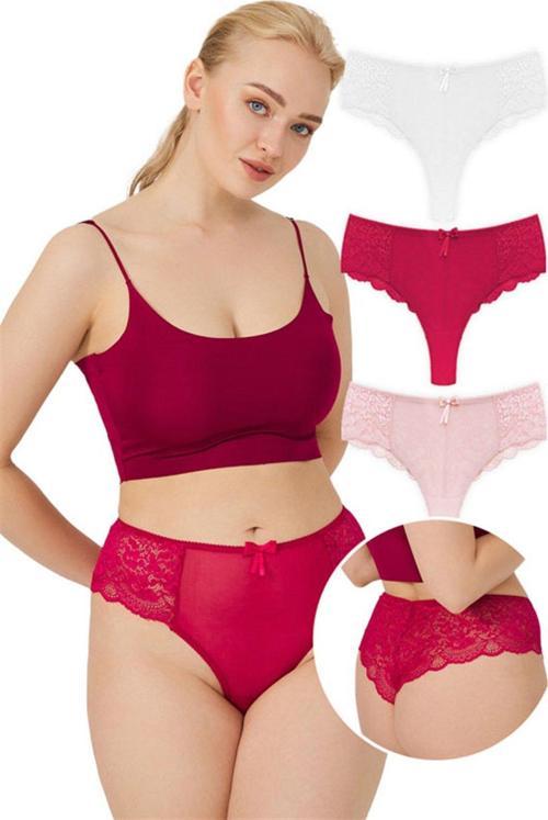 Dantelli Tül Detaylı Büyük Beden Kadın Brezilya 3'lü Paket Külot - 2