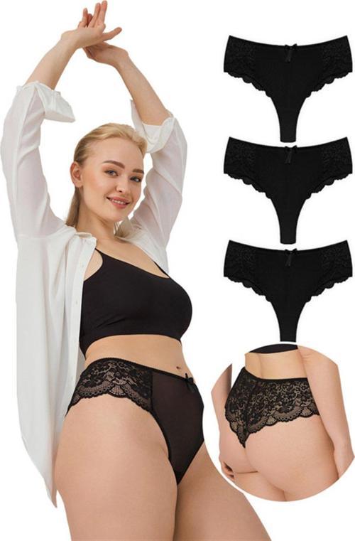 Dantelli Tül Detaylı Büyük Beden Brezilya 3'lü Paket Külot - 3