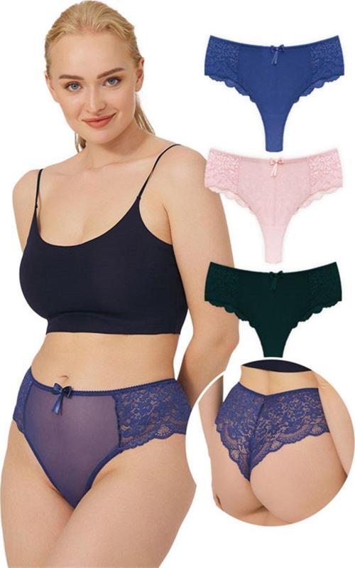 Dantelli Tül Detaylı Büyük Beden Brezilya 3'lü Paket Külot - 4