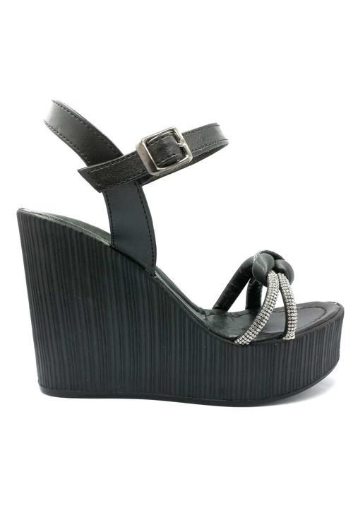 292020 Siyah Taşlı Dolgu Taban Kadın Ayakkabı