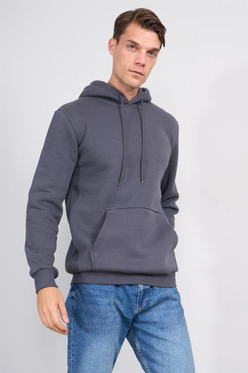 Çetinkaya Mentality 3035 3 İp Kapşonlu Düz Koyu Gri Sweatshirt