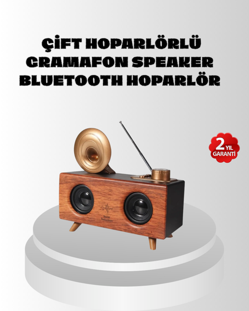 Çift Hoparlörlü Retro Bluetooth Speaker 1800mAh Bataryalı AUX USB SD Kartlı