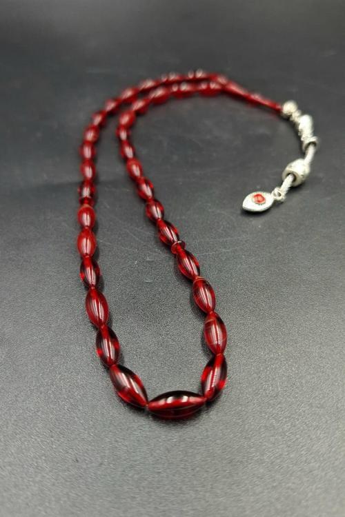 Kırmızı Arpa Kesim Alpaka Püskül Kehribar Tespih