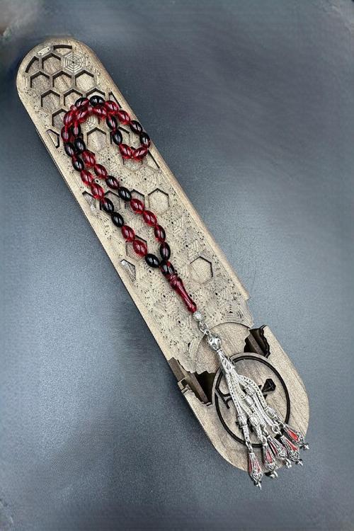 Kırmızı Siyah Arpa Kesim Ateş Kehribar Tespih ( AHŞAP KUTULU)