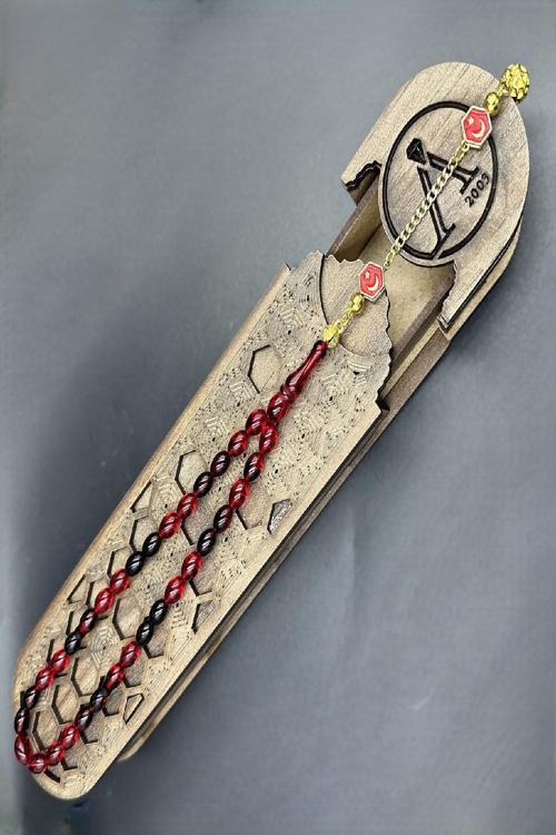 Siyah Kırmızı Ateş Kehribar Tespih (AHŞAP KUTULU)