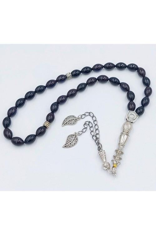 Alpaka Püskül Lacivert Siyah Arpa Kesim Ateş Kehribar Tespih (AHŞAP KUTULU)