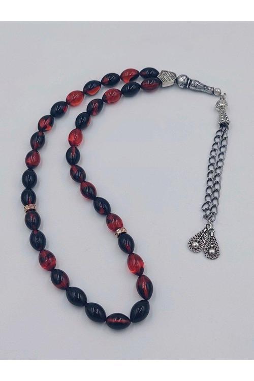 Alpaka Püskül Siyah Kırmızı Arpa Kesim Ateş Kehribar Tespih (AHŞAP KUTULU)