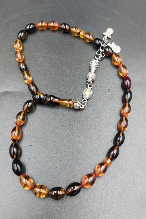 Sarı Siyah Arpa Kesim Alpaka Püskül Ateş Kehribar Tespih (AHŞAP KUTULU)