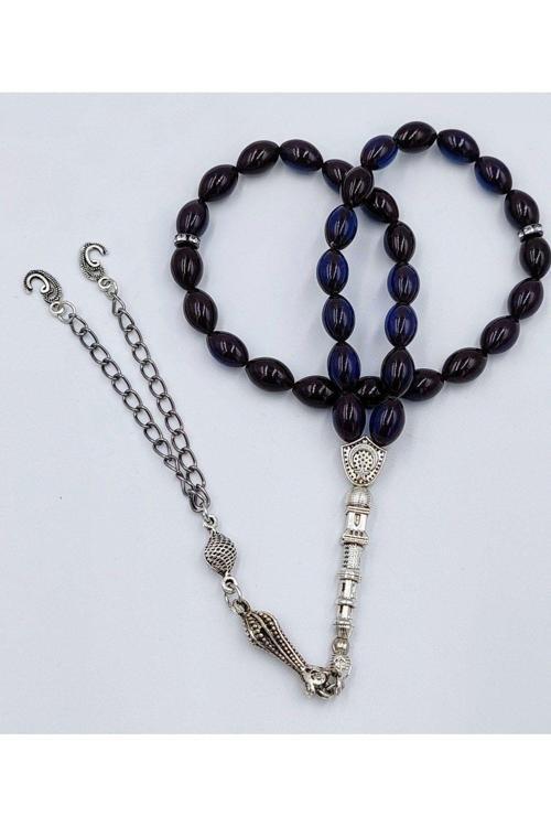 Arpa Kesim Siyah/mavi Çift Alpaka Püsküllü Ateş Kehribar Tespih