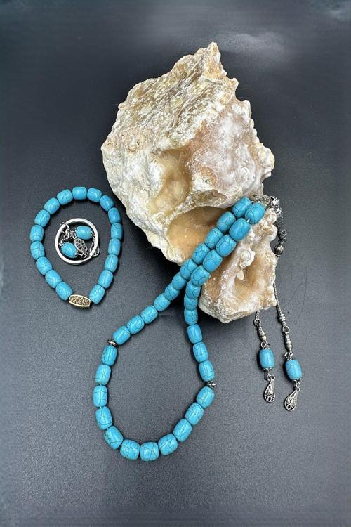 Mavi Ceyt Taşı Alpaka Püskül Tespih Anahtarlık Ve Bileklik