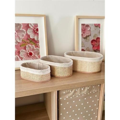 Beige Hasır 3Lü Oval Sepet