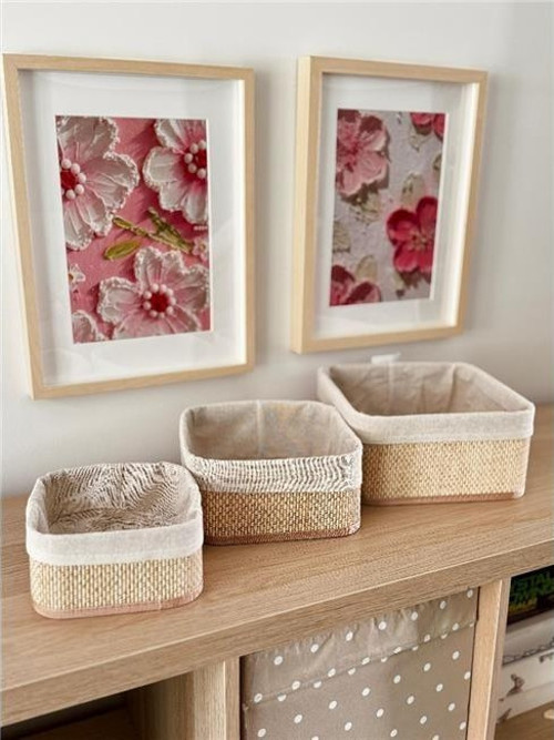 Beige Hasır 3Lü Kare Sepet