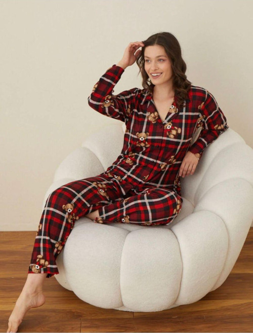 Süet Düğmeli Uzun Kol Pijama Tk