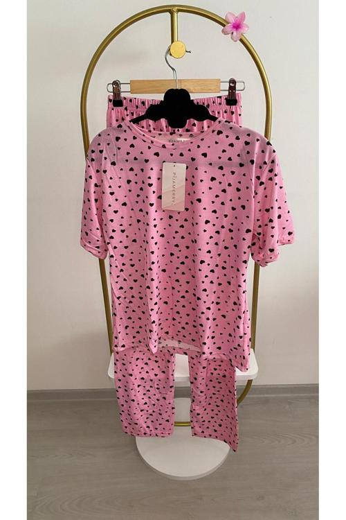 Siyah Kalpli Pembe Kısa Kol Pijama Takımı