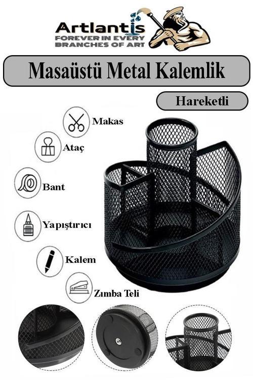 Döner Metal Masaüstü Düzenleyici 1 Adet Organizer Kalemlik Siyah Renk Hareketli 360 Derece Döner Kalemlik Fileli