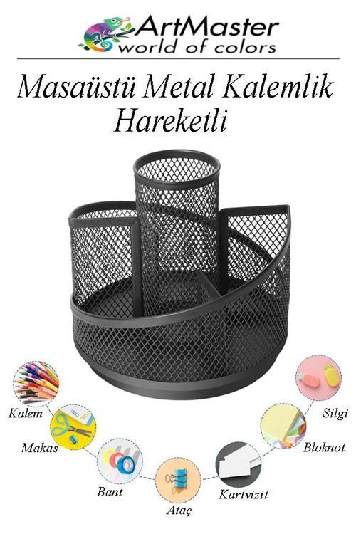 Döner Masaüstü Düzenleyici Organizer Metal 1 Adet Fileli Kalemlik Siyah Renk Hareketli Kalemlik 360 Derece Döner