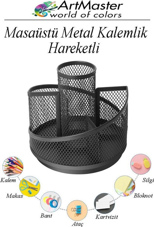 Döner Masaüstü Düzenleyici Organizer Metal 1 Adet Fileli Kalemlik Siyah Renk Hareketli Kalemlik 360 Derece Döner