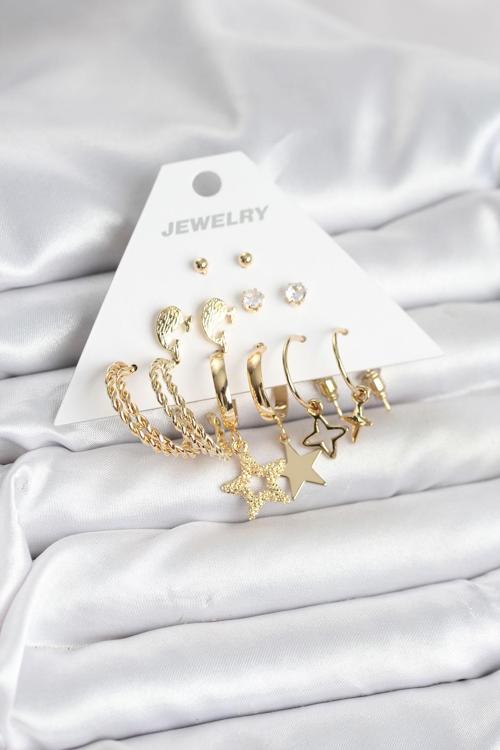Gold Renk Yıldızlı Set 6 Çift Kadın Küpe Seti - EBJ251025W38247