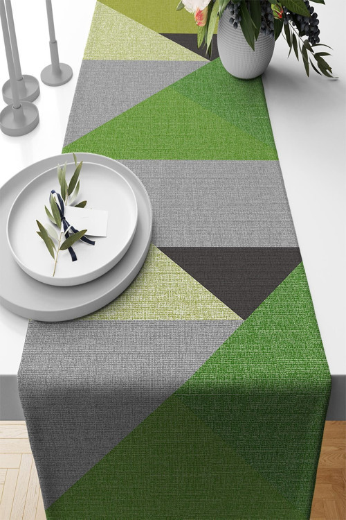 Yeşil Masa Örtüsü Leke Tutmaz Premium Tay Tüyü Dokuma Kumaş Runner Geometrik 40X140Cm Rnr609