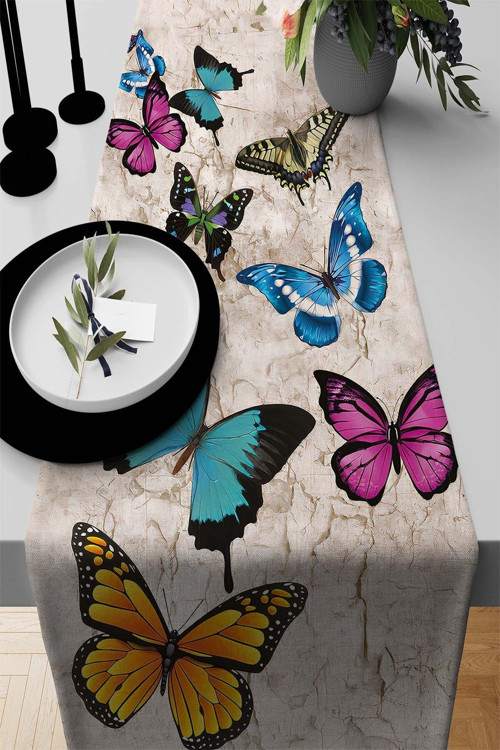 40X140Cm Tay Tüyü Dokuma Premium Leke Tutmaz Kumaş Masa Örtüsü Runner 3D Kelebekli Rnr130