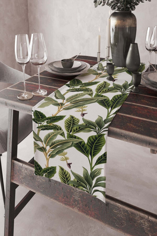 40X140Cm Premium Soft Tay Tüyü Kir Leke Tutmaz Kumaş Masa Örtüsü Runner Yapraklı Rnr045