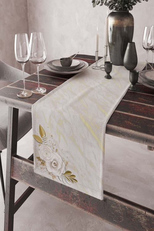 40X140Cm Dokuma Kumaş Premium Tay Tüyü Leke Tutmaz Masa Örtüsü Runner Gold Güller Rnr437