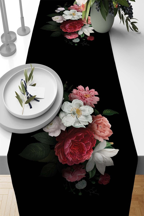 40X140Cm Runner Masa Örtüsü Premium Tay Tüyü Dokuma Leke Tutmaz Kumaş 3D Güller Rnr436