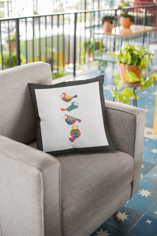 43x43cm Kuşlu Premium Tay Tüyü Dokuma Kumaş Çift Taraflı Kırlent Yastık Kılıfı Krl212