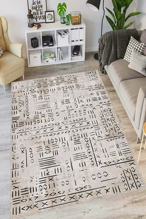 Bej Kaymaz Taban Makinede Yıkanır Leke Tutmayan Hitit Desen Makine Halısı Ar1368