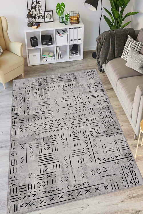 Gri Kaymaz Taban Makinede Yıkanır Leke Tutmayan Hitit Desen Makine Halısı Ar1376