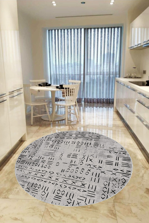 Gri Kaymaz Taban Makinede Yıkanır Leke Tutmayan Daire Hitit Desen Makine Halısı Ar1377