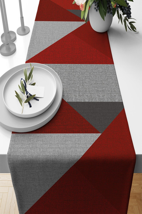 Kırmızı Masa Örtüsü Leke Tutmayan Premium Tay Tüyü Dokuma Kumaş Runner Geometrik 40x140cm Rnr605