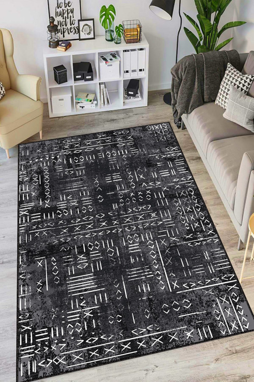 Siyah Kaymaz Taban Makinede Yıkanır Leke Tutmayan Hitit Desen Makine Halısı Ar1370