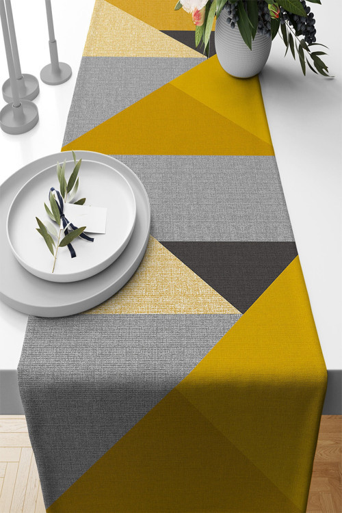 Hardal Masa Örtüsü Leke Tutmayan Premium Tay Tüyü Dokuma Kumaş Runner Geometrik 40x140cm Rnr611