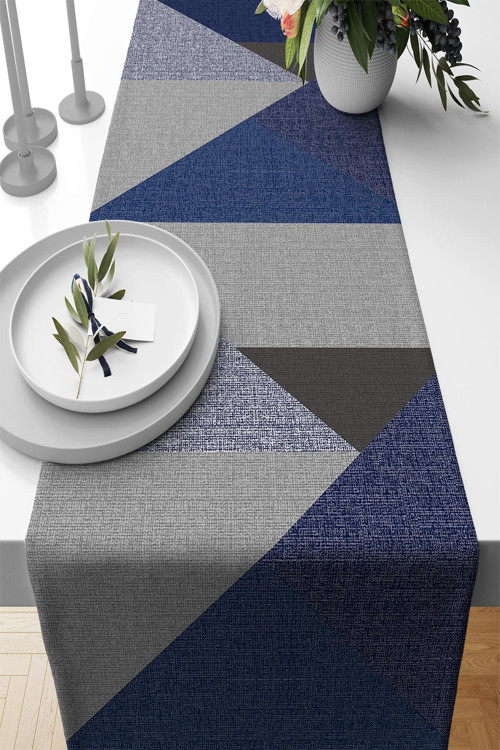 Lacivert Masa Örtüsü Leke Tutmayan Premium Tay Tüyü Dokuma Kumaş Runner Geometrik 40x140cm Rnr610