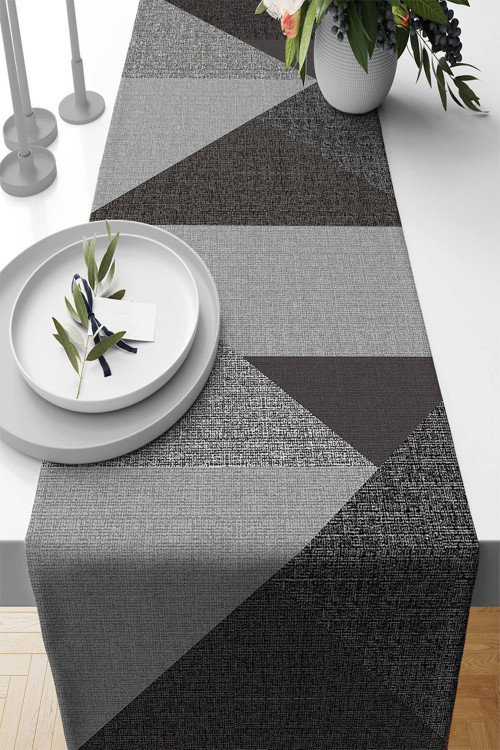 Füme Masa Örtüsü Leke Tutmayan Premium Tay Tüyü Dokuma Kumaş Runner Geometrik 40x140cm Rnr606