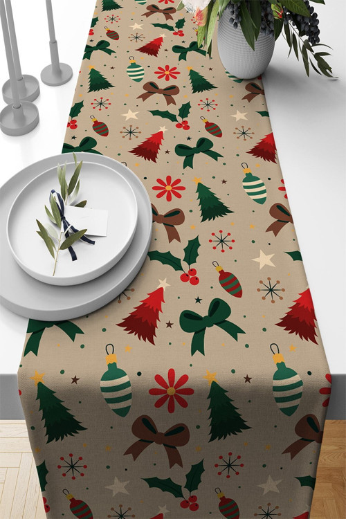 Christmas Premium Tay Tüyü Yeni Yıl Leke Tutmayan Kumaş Yılbaşı Masa Örtüsü Runner 40x140cm Rnr541