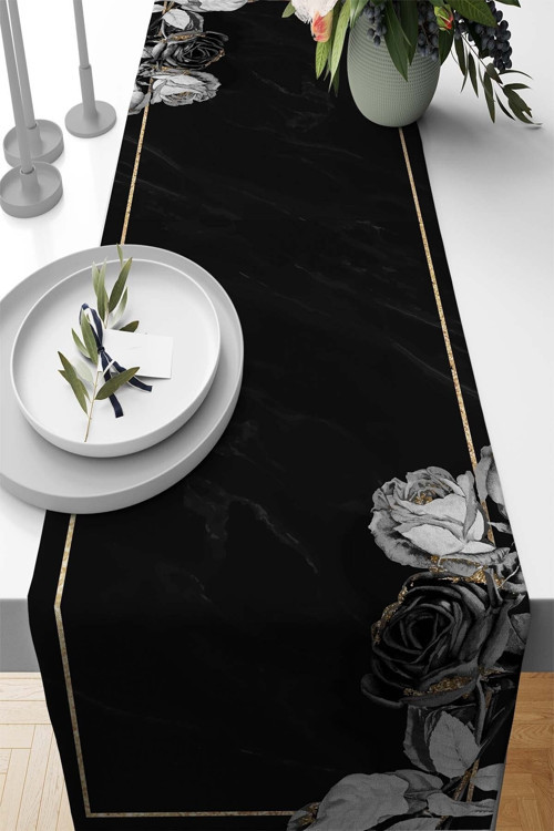 40x140cm Tay Tüyü Premium Dokuma Leke Tutmayan Kumaş Masa Örtüsü Runner Simli Güller Rnr447